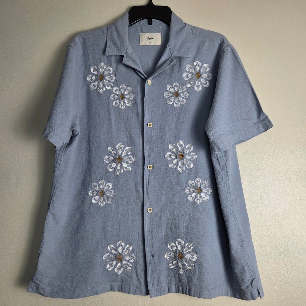 Folk Light Blue Cotton Linen Embroidered Floral Camp Collar Shirt Mens Large